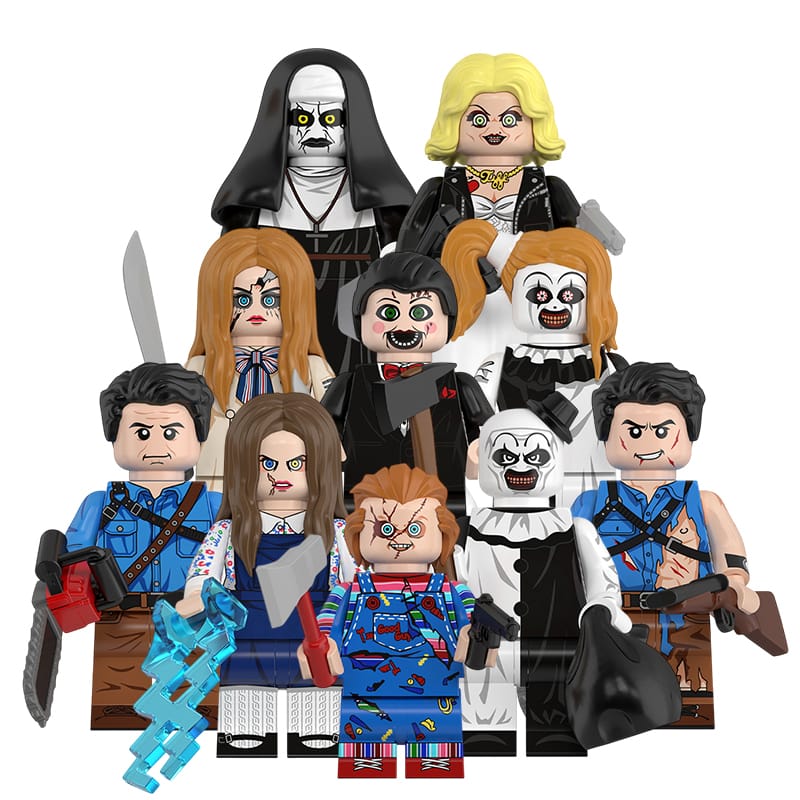 Brick-style horror movie minifigures with weapons and spooky accessories.