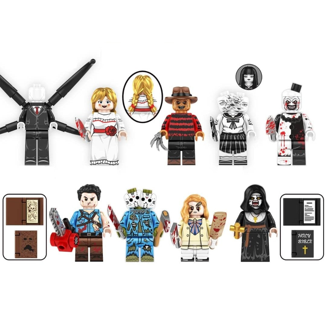Horror Movie Figurines (Slender Man, Annabelle, Freddy Krueger, Tomie, Ash Williams, Jason, M3GAN, Valak the Nun, and Art the Clown)